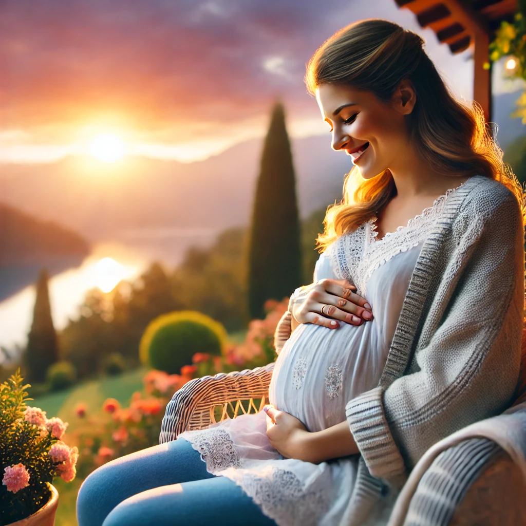 DALLE-2024-08-13-12.11.12---A-serene-and-happy-pregnant-woman-enjoying-a-beautiful-view.-She-is-sitting-comfortably-outdoors-perhaps-on-a-bench-or-in-a-cozy-chair-surrounded-by